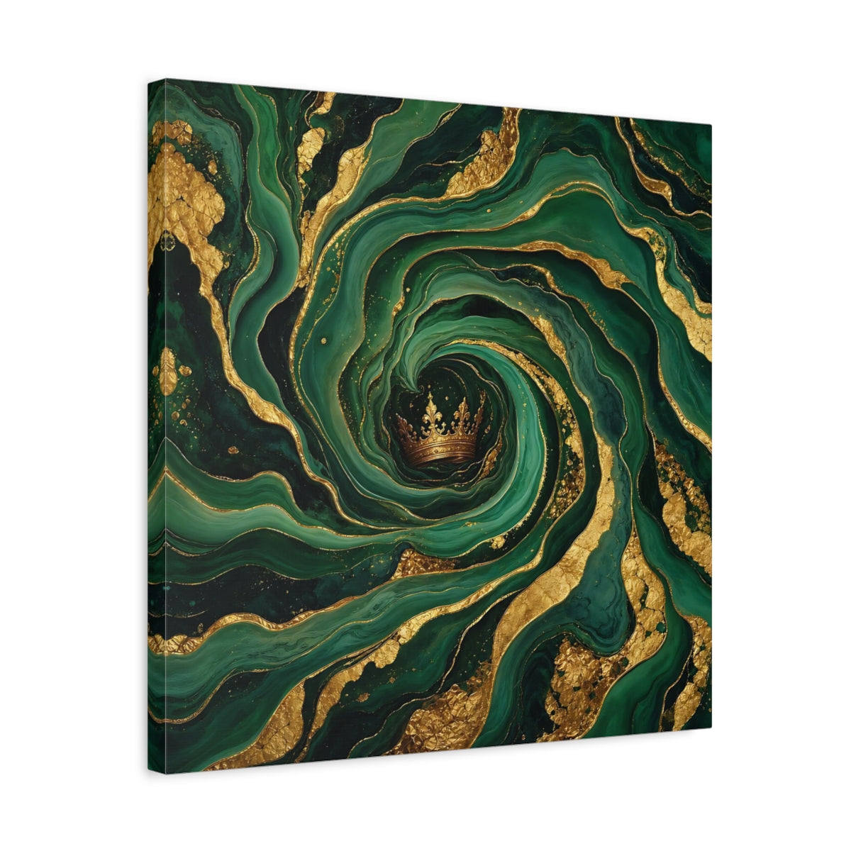 Side Mockup 5. Abstract Crown Emerald Gold shown as stretched canvas wall art