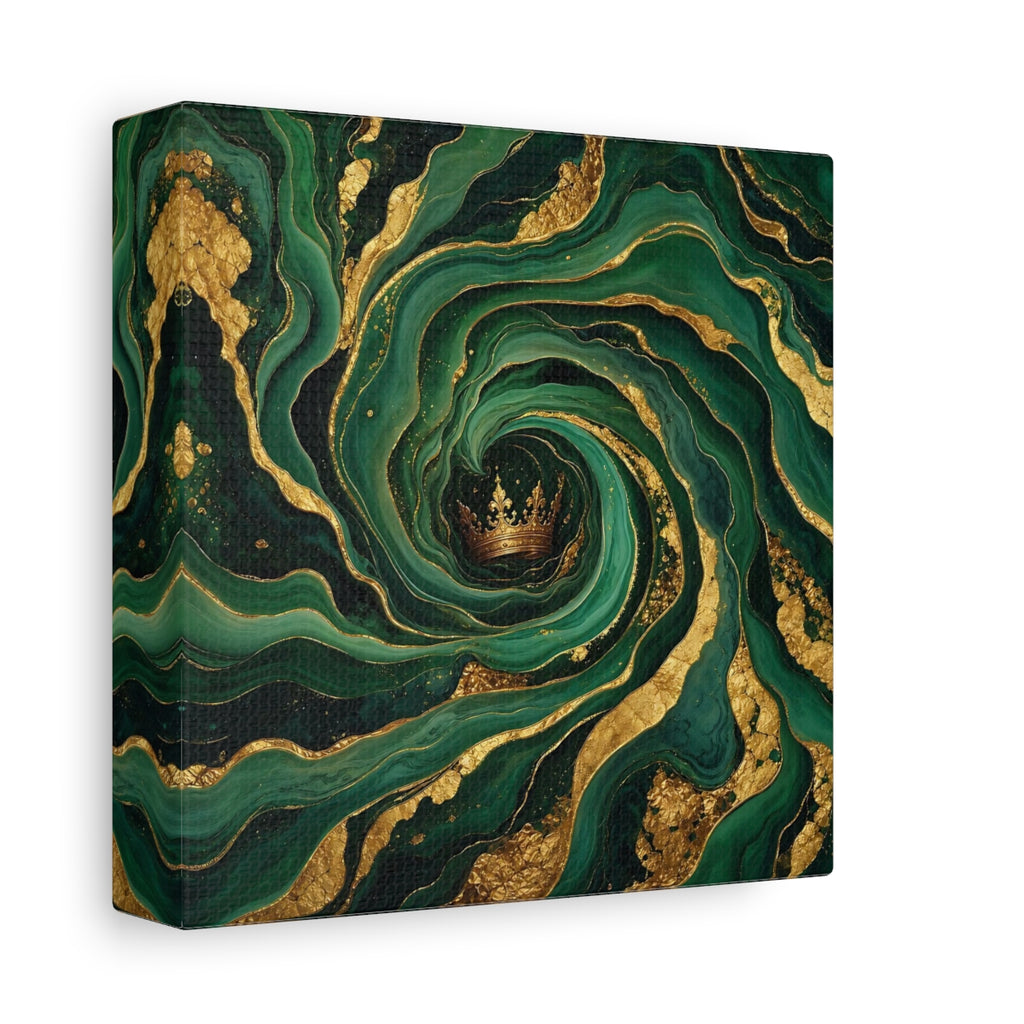 Side Mockup 2. Abstract Crown Emerald Gold shown as stretched canvas wall art