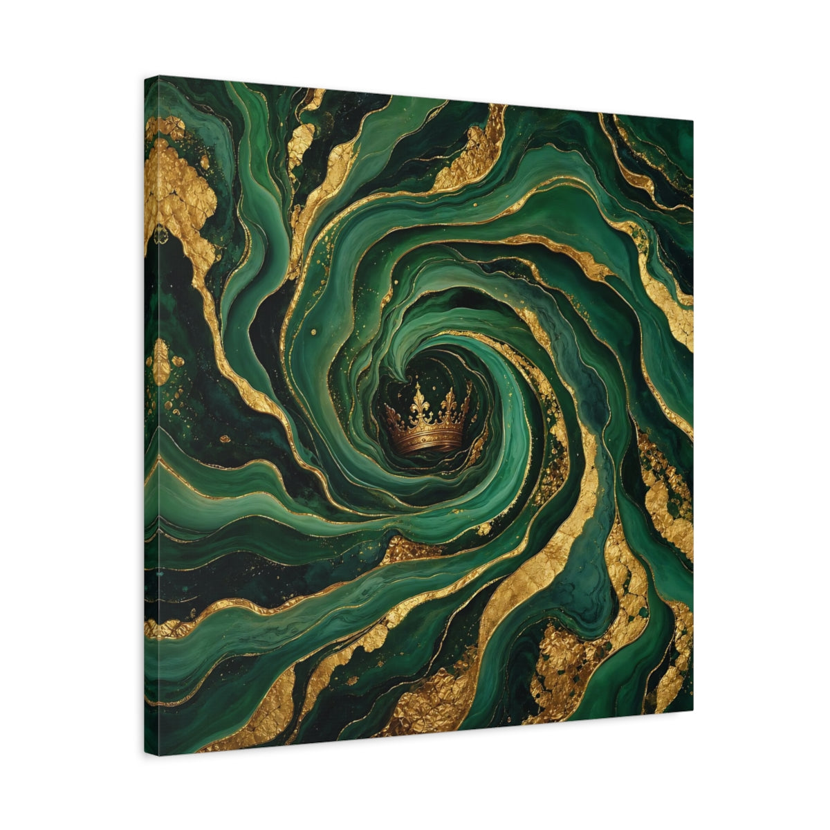 Side Mockup 4. Abstract Crown Emerald Gold shown as stretched canvas wall art