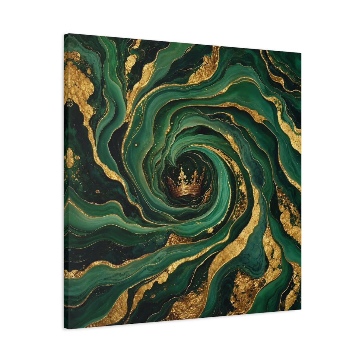 Side Mockup 3. Abstract Crown Emerald Gold shown as stretched canvas wall art