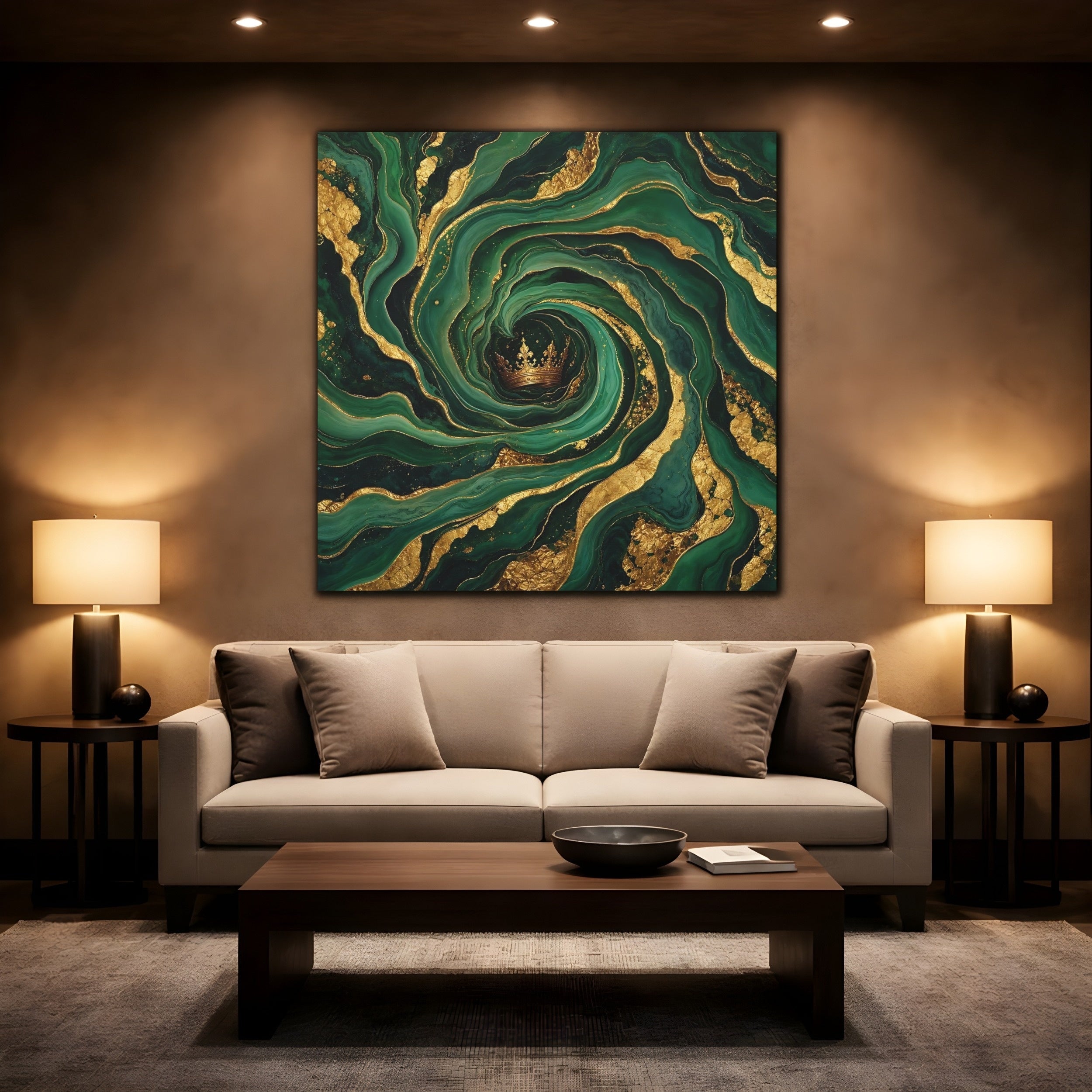 Mockup 2. Abstract Crown Emerald Gold shown as stretched canvas wall art