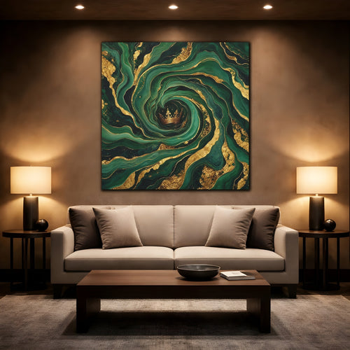 Mockup 2. Abstract Crown Emerald Gold shown as stretched canvas wall art
