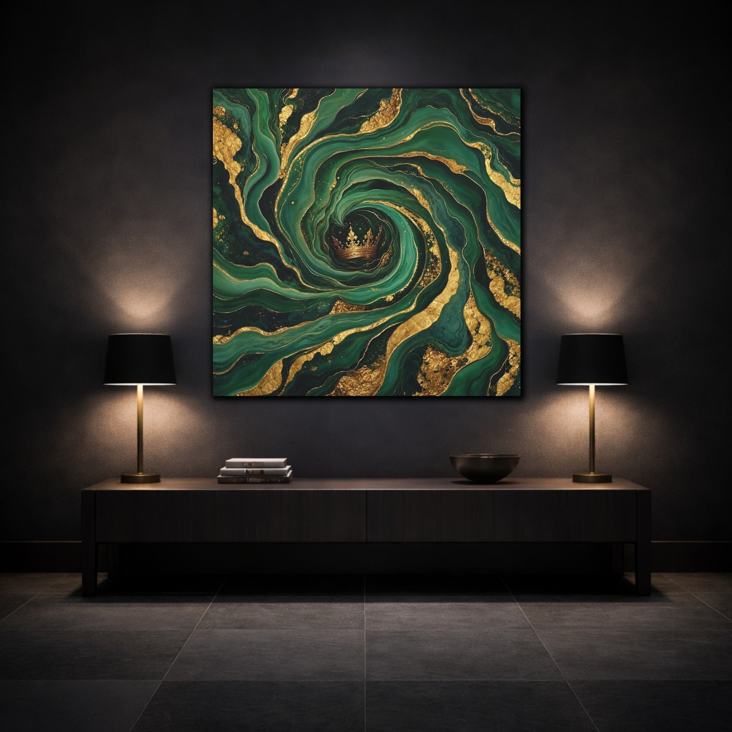 Mockup 3. Abstract Crown Emerald Gold shown as stretched canvas wall art