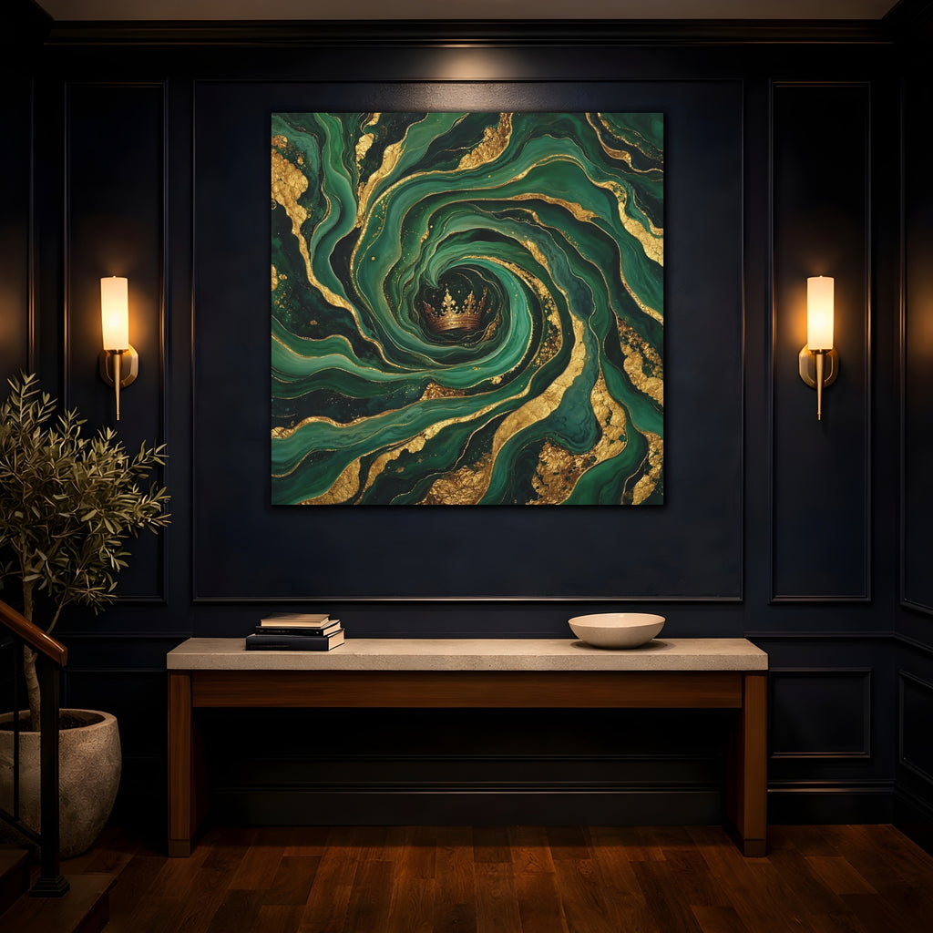 Mockup 4. Abstract Crown Emerald Gold shown as stretched canvas wall art