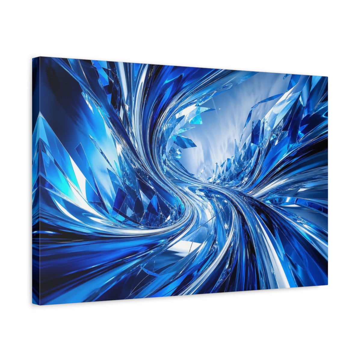 Side Mockup 3. Abstract Abstract Crystals Blue And Silver shown as stretched canvas wall art