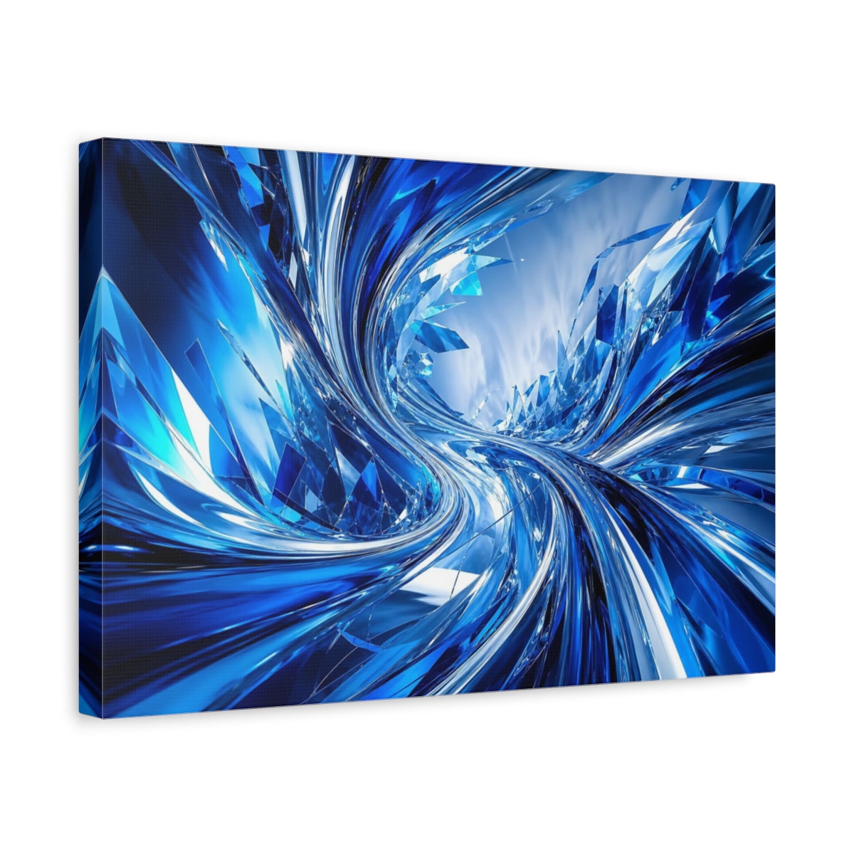 Side Mockup 4. Abstract Abstract Crystals Blue And Silver shown as stretched canvas wall art