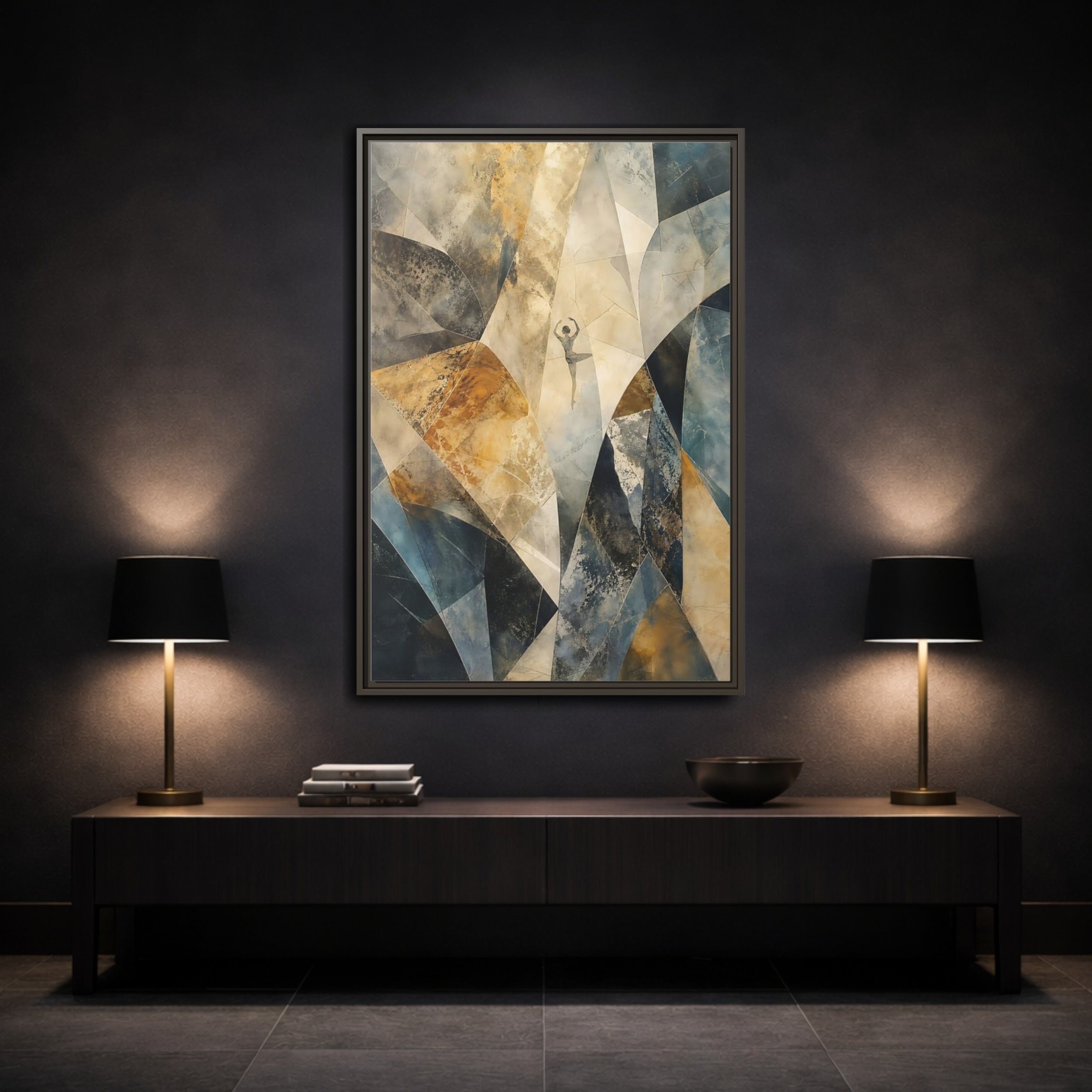 Mockup 3. Abstract Dancer Brown Blue Abstract shown as stretched canvas wall art