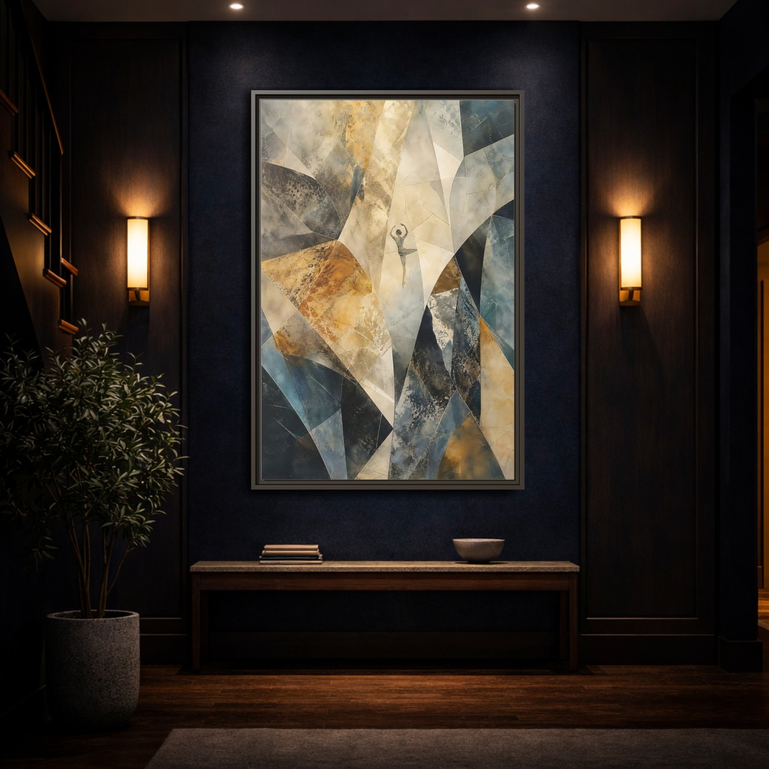 Mockup 4. Abstract Dancer Brown Blue Abstract shown as stretched canvas wall art