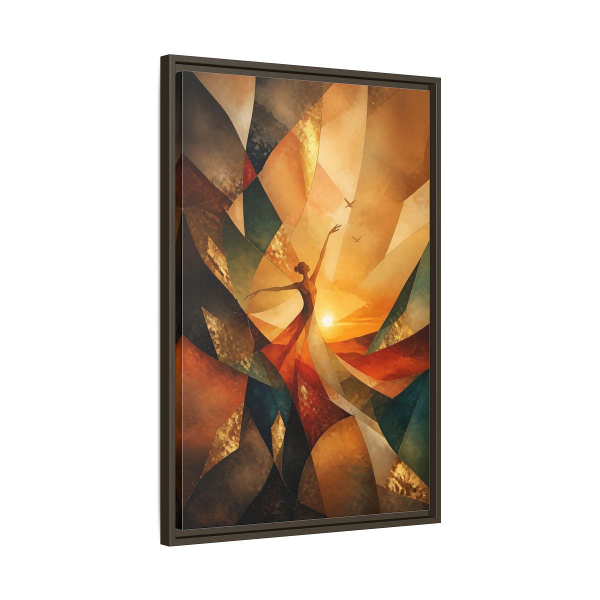 Side Mockup 11. Abstract Dancer Orange And Gold shown as stretched canvas wall art