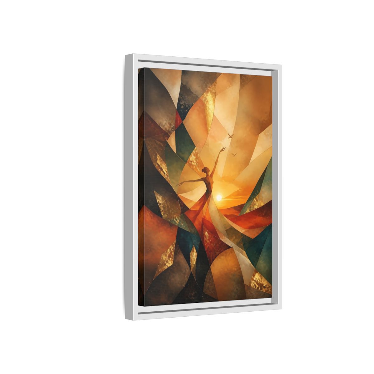Side Mockup 4. Abstract Dancer Orange And Gold shown as stretched canvas wall art