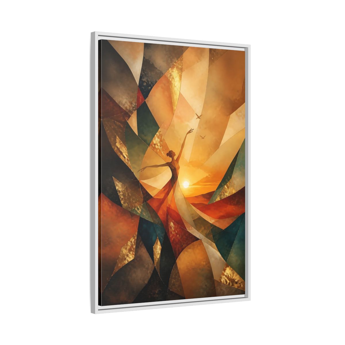 Side Mockup 9. Abstract Dancer Orange And Gold shown as stretched canvas wall art
