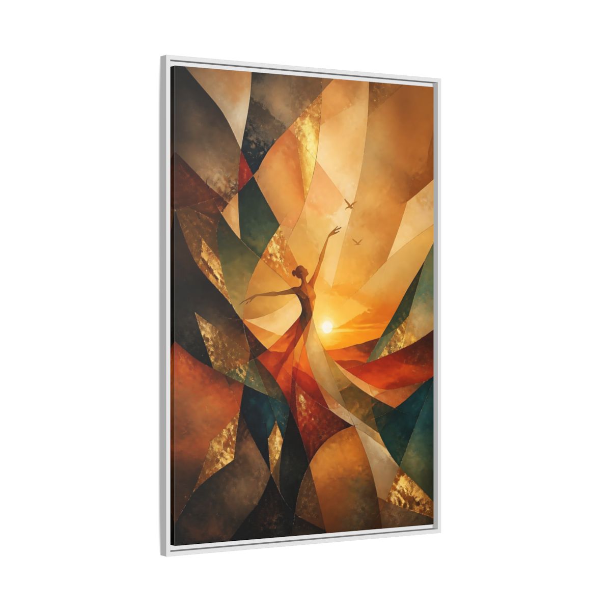 Side Mockup 7. Abstract Dancer Orange And Gold shown as stretched canvas wall art