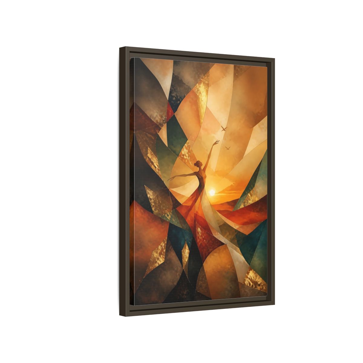 Side Mockup 2. Abstract Dancer Orange And Gold shown as stretched canvas wall art