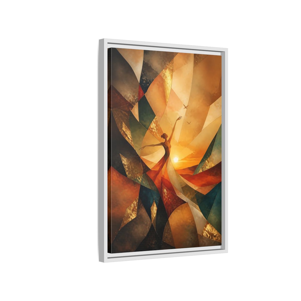 Side Mockup 1. Abstract Dancer Orange And Gold shown as stretched canvas wall art
