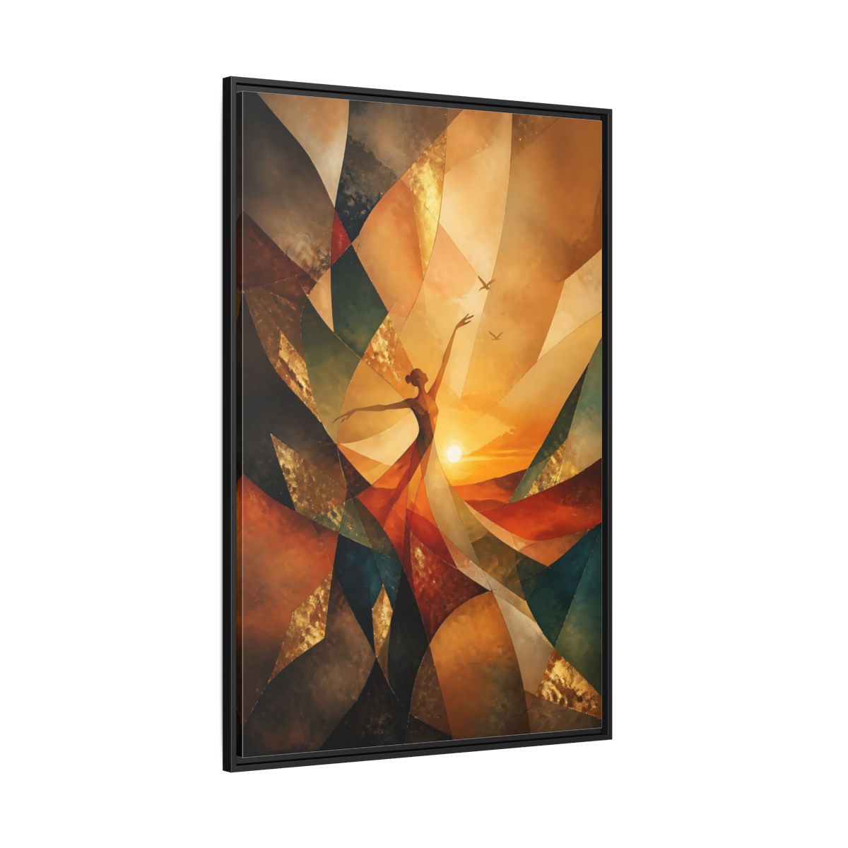 Side Mockup 12. Abstract Dancer Orange And Gold shown as stretched canvas wall art