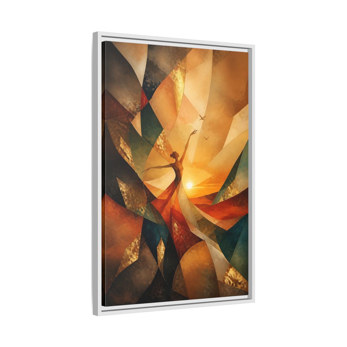 Side Mockup 10. Abstract Dancer Orange And Gold shown as stretched canvas wall art