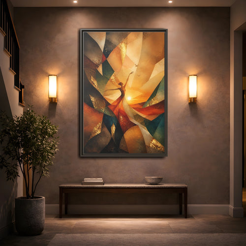Mockup 2. Abstract Dancer Orange And Gold shown as stretched canvas wall art