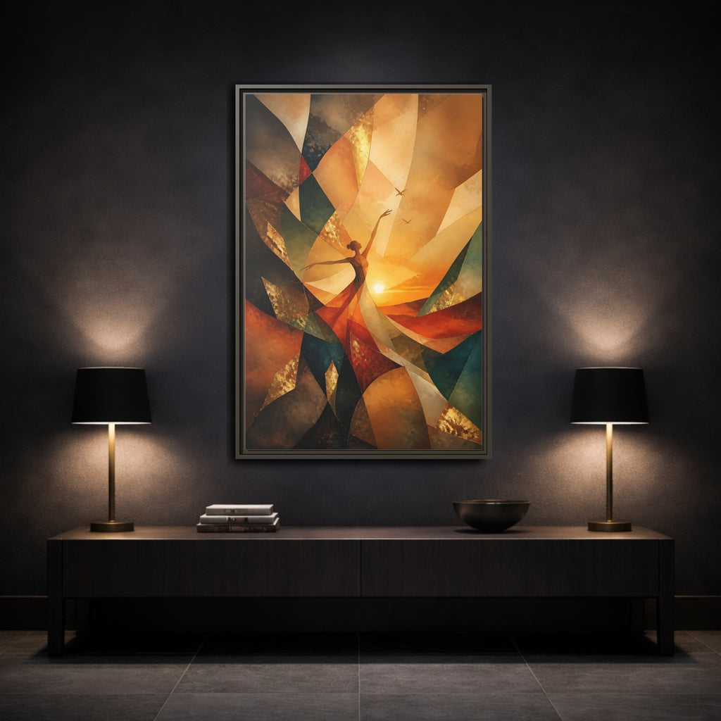 Mockup 3. Abstract Dancer Orange And Gold shown as stretched canvas wall art