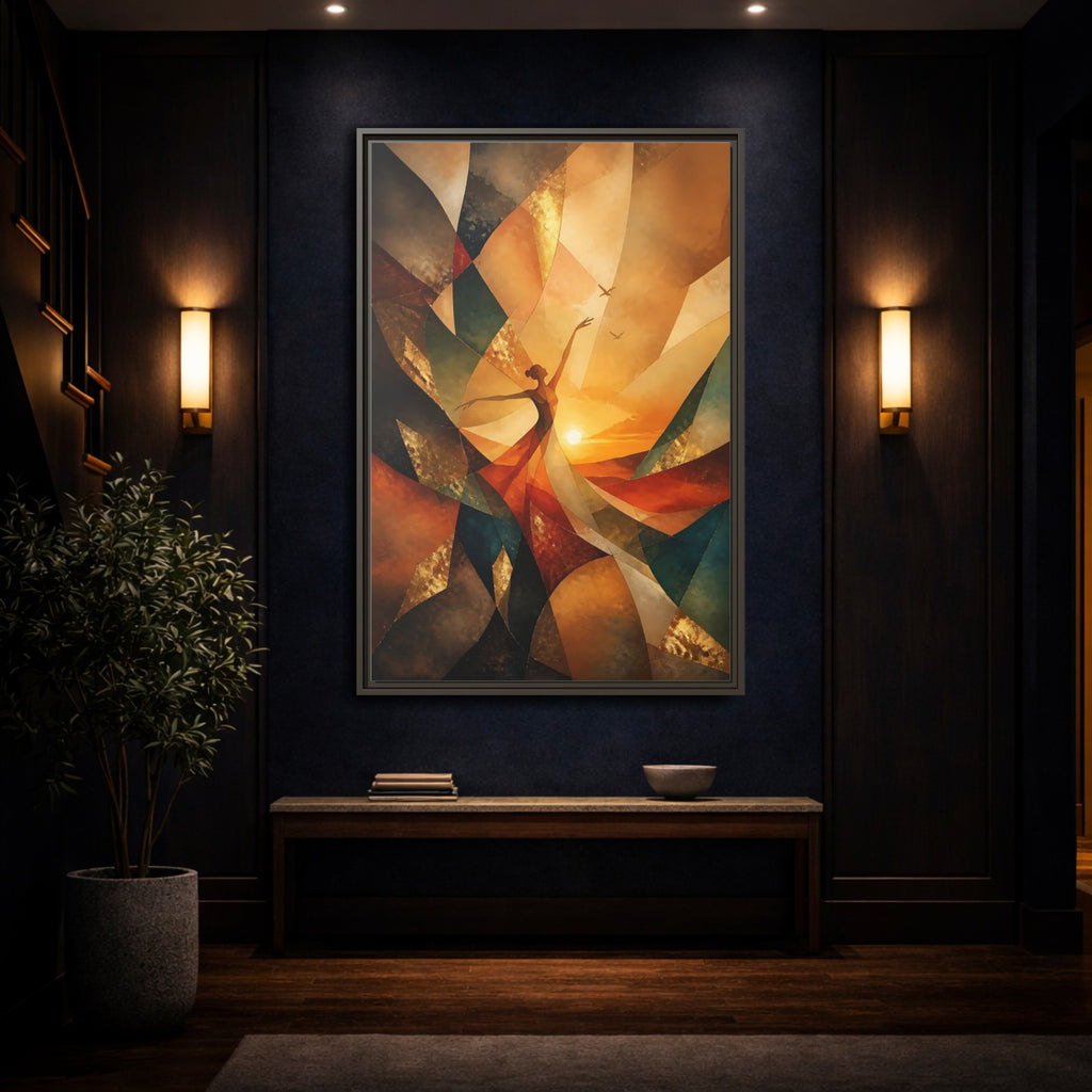 Mockup 4. Abstract Dancer Orange And Gold shown as stretched canvas wall art