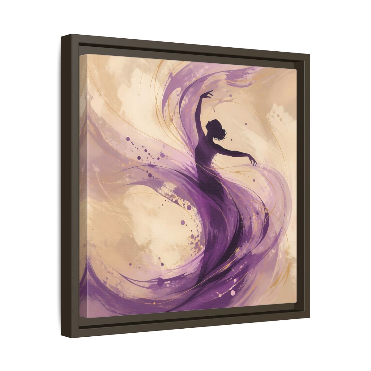 Side Mockup 29. Abstract Dancer Purple And Gold shown as stretched canvas wall art