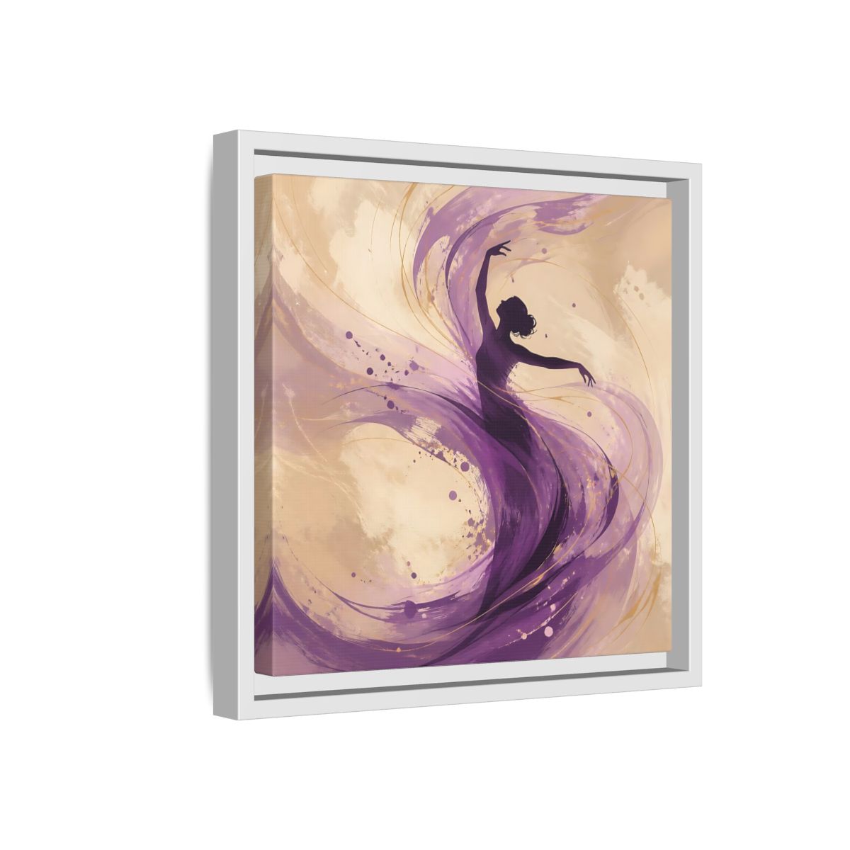 Side Mockup 16. Abstract Dancer Purple And Gold shown as stretched canvas wall art