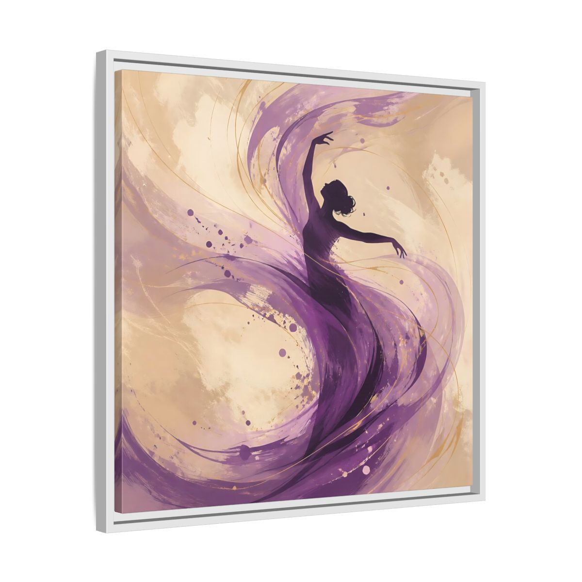 Side Mockup 26. Abstract Dancer Purple And Gold shown as stretched canvas wall art