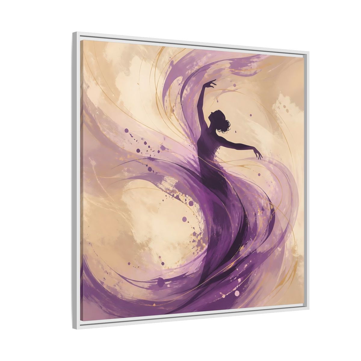 Side Mockup 4. Abstract Dancer Purple And Gold shown as stretched canvas wall art