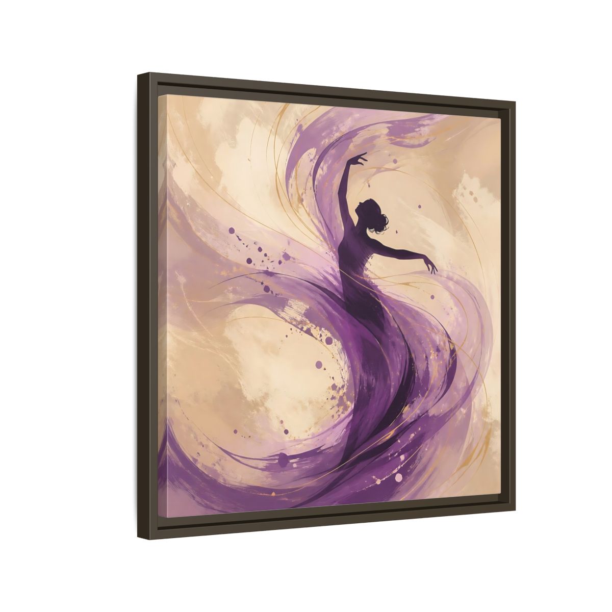 Side Mockup 11. Abstract Dancer Purple And Gold shown as stretched canvas wall art