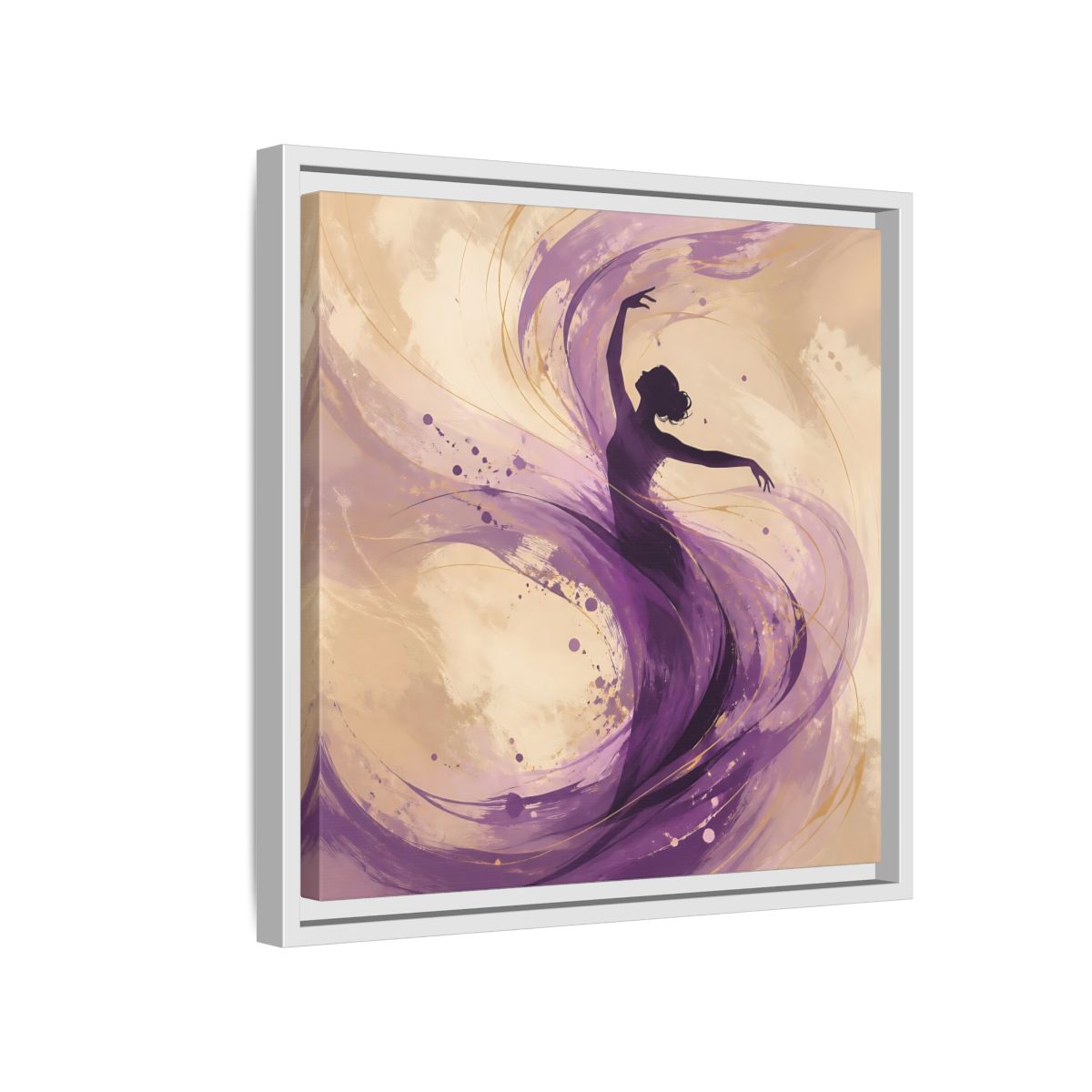 Side Mockup 13. Abstract Dancer Purple And Gold shown as stretched canvas wall art