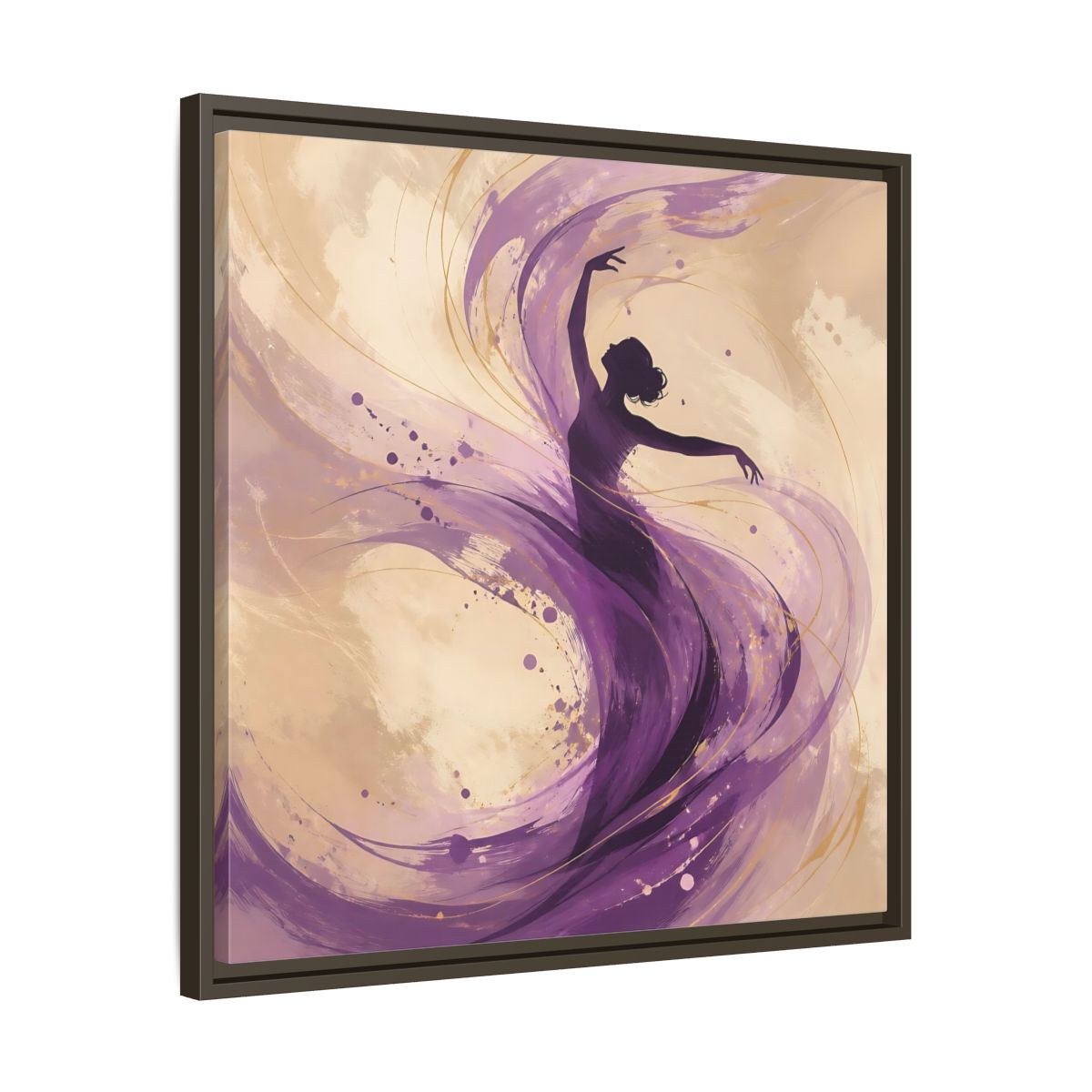 Side Mockup 27. Abstract Dancer Purple And Gold shown as stretched canvas wall art