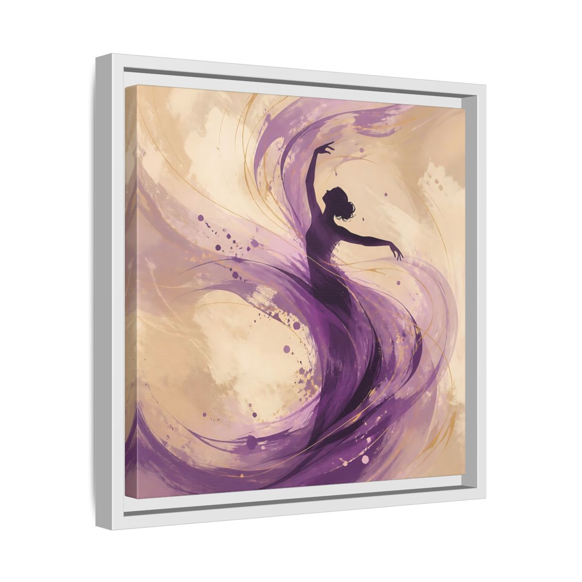 Side Mockup 28. Abstract Dancer Purple And Gold shown as stretched canvas wall art