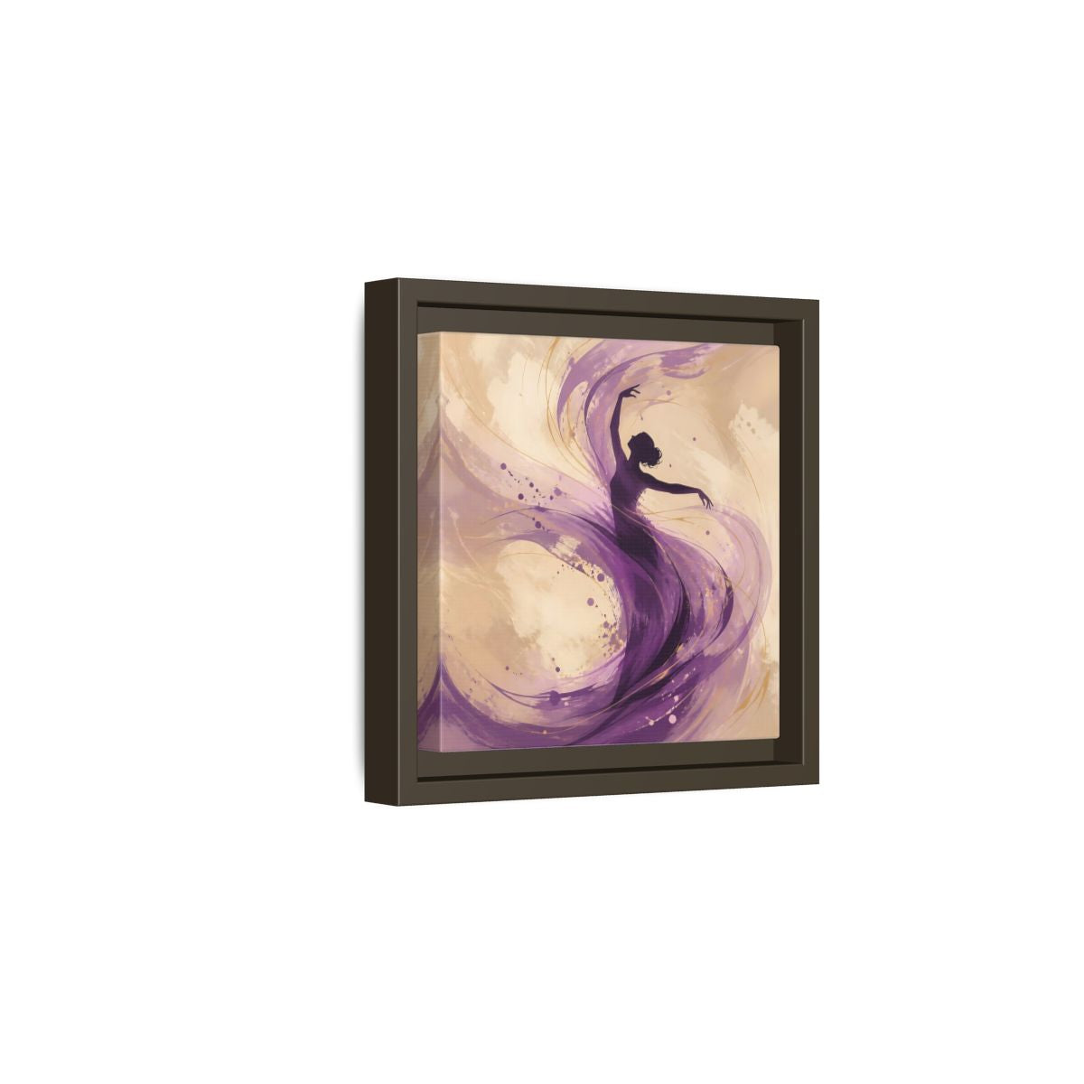 Side Mockup 2. Abstract Dancer Purple And Gold shown as stretched canvas wall art