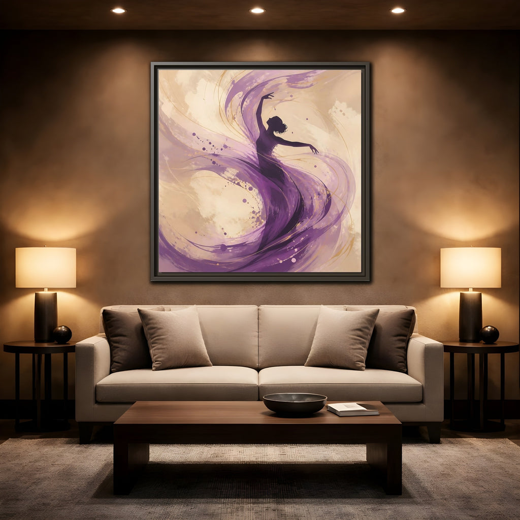 Mockup 2. Abstract Dancer Purple And Gold shown as stretched canvas wall art