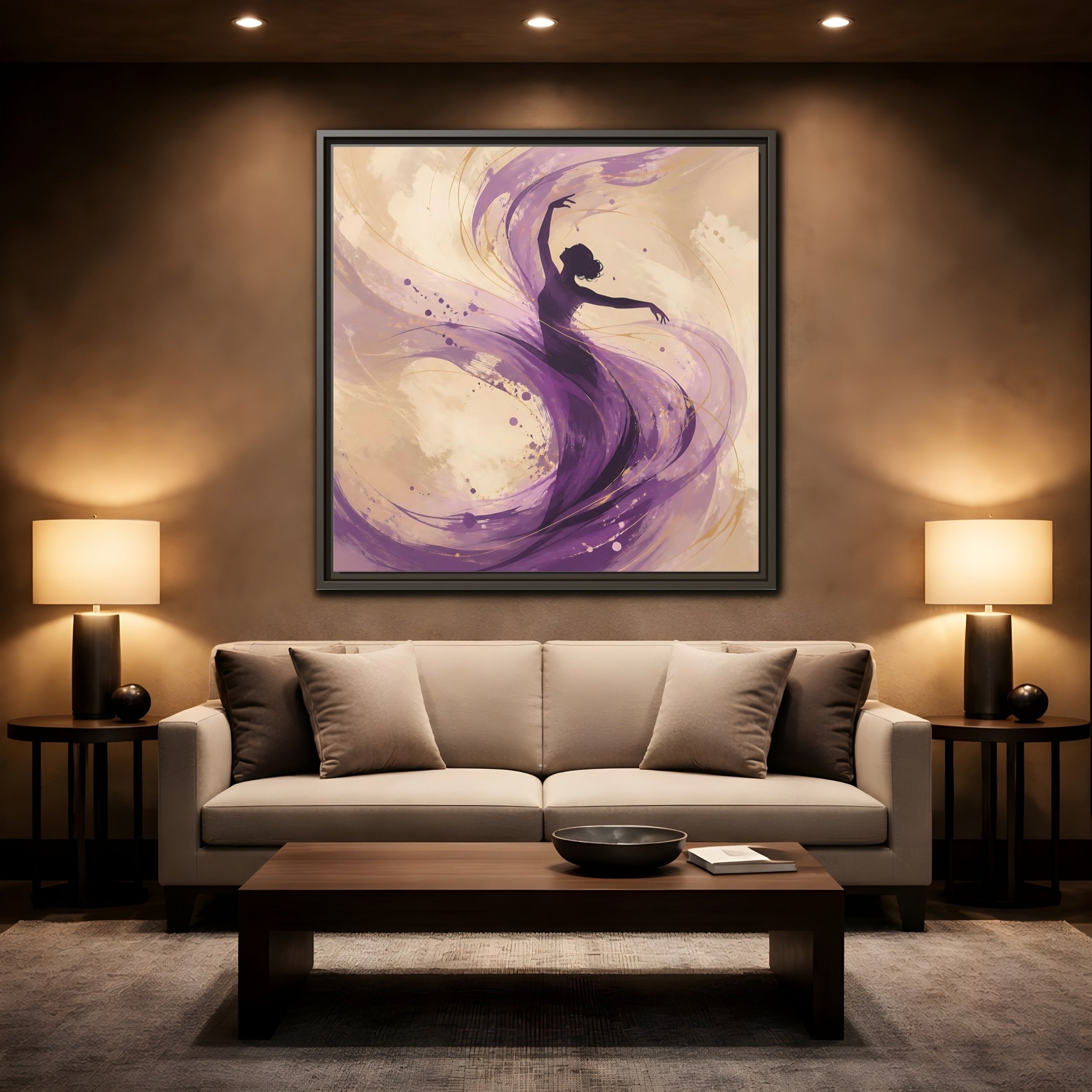 Mockup 2. Abstract Dancer Purple And Gold shown as stretched canvas wall art