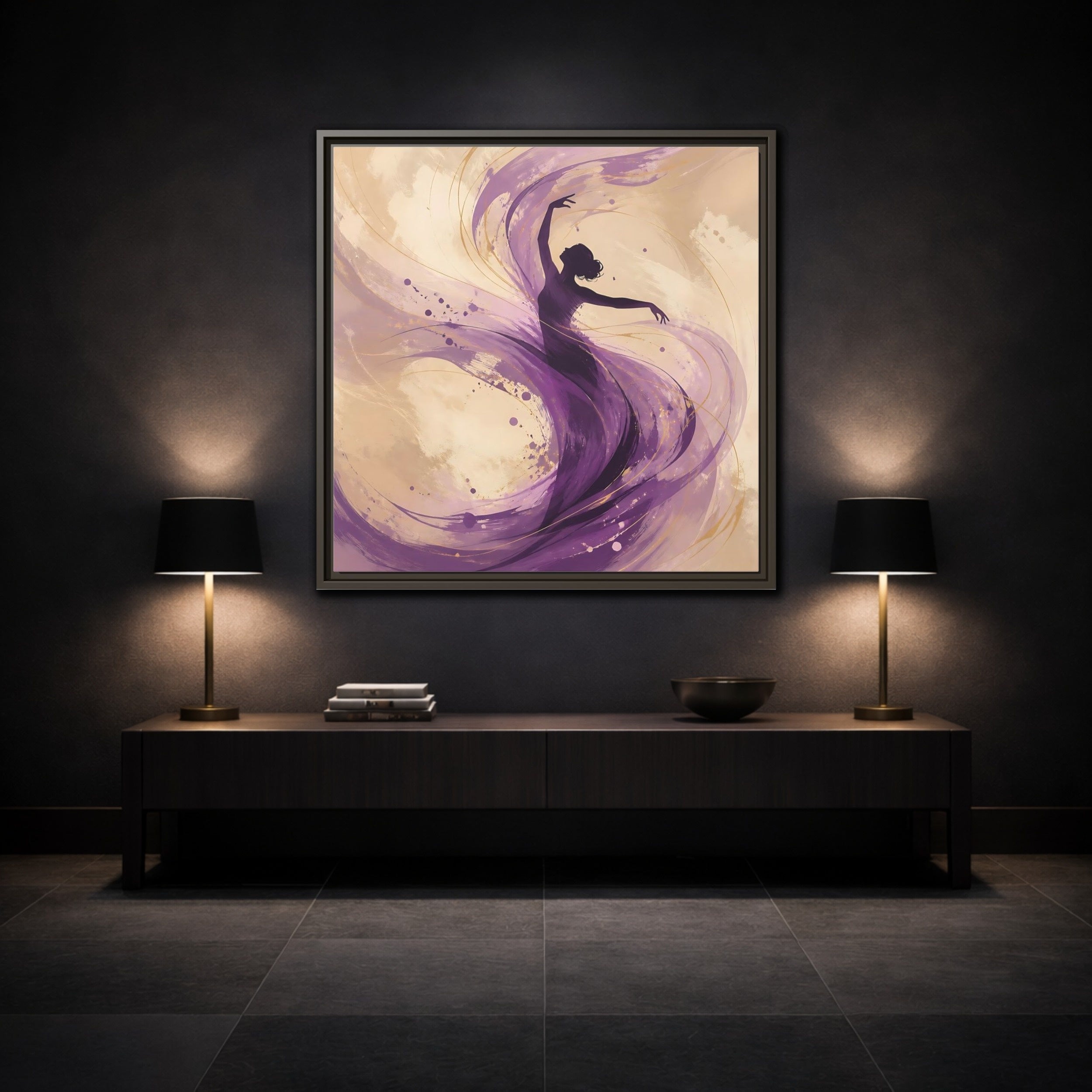 Mockup 3. Abstract Dancer Purple And Gold shown as stretched canvas wall art