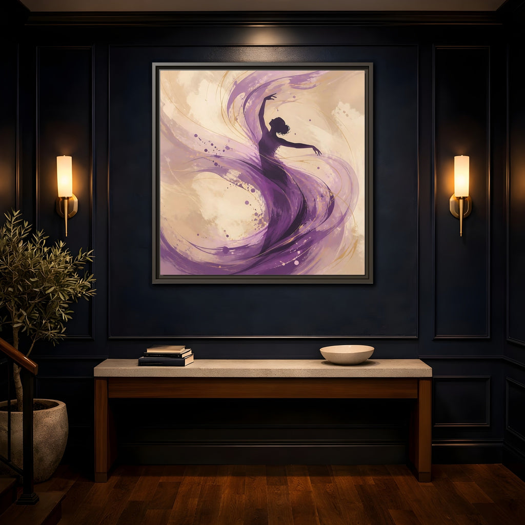 Mockup 4. Abstract Dancer Purple And Gold shown as stretched canvas wall art