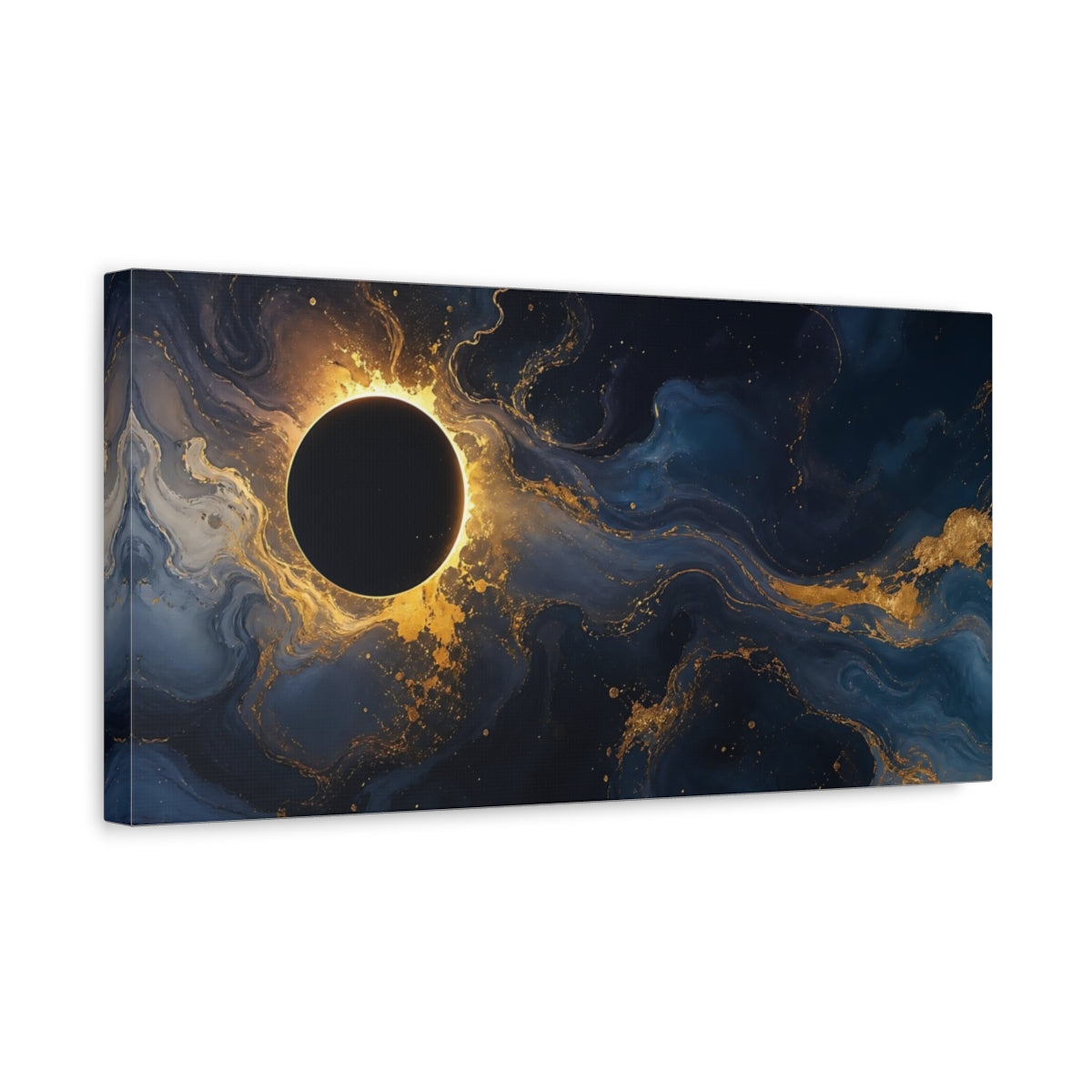 Side Mockup 3. Abstract Eclipse Blue And Gold shown as stretched canvas wall art