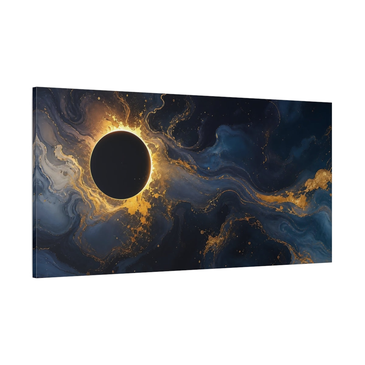 Side Mockup 2. Abstract Eclipse Blue And Gold shown as stretched canvas wall art