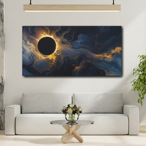Mockup 2. Abstract Eclipse Blue And Gold shown as stretched canvas wall art
