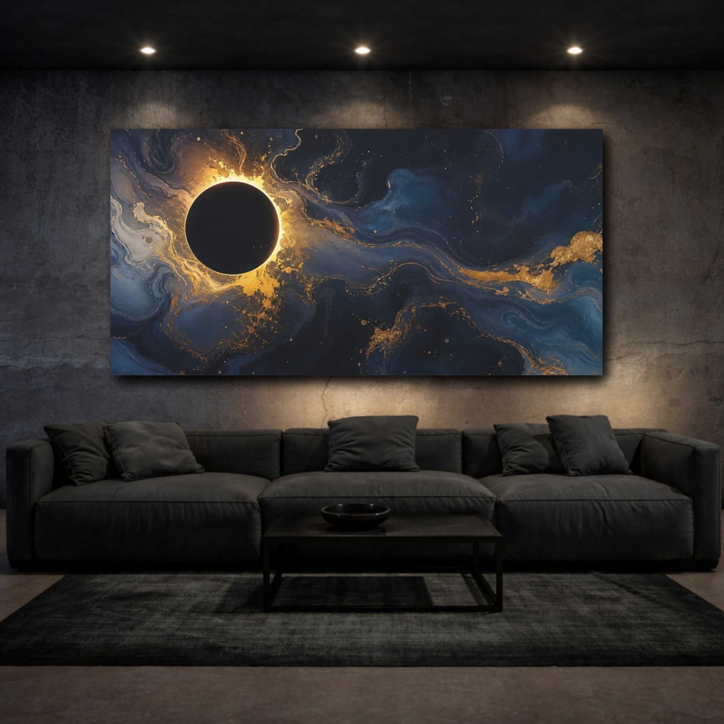 Mockup 3. Abstract Eclipse Blue And Gold shown as stretched canvas wall art