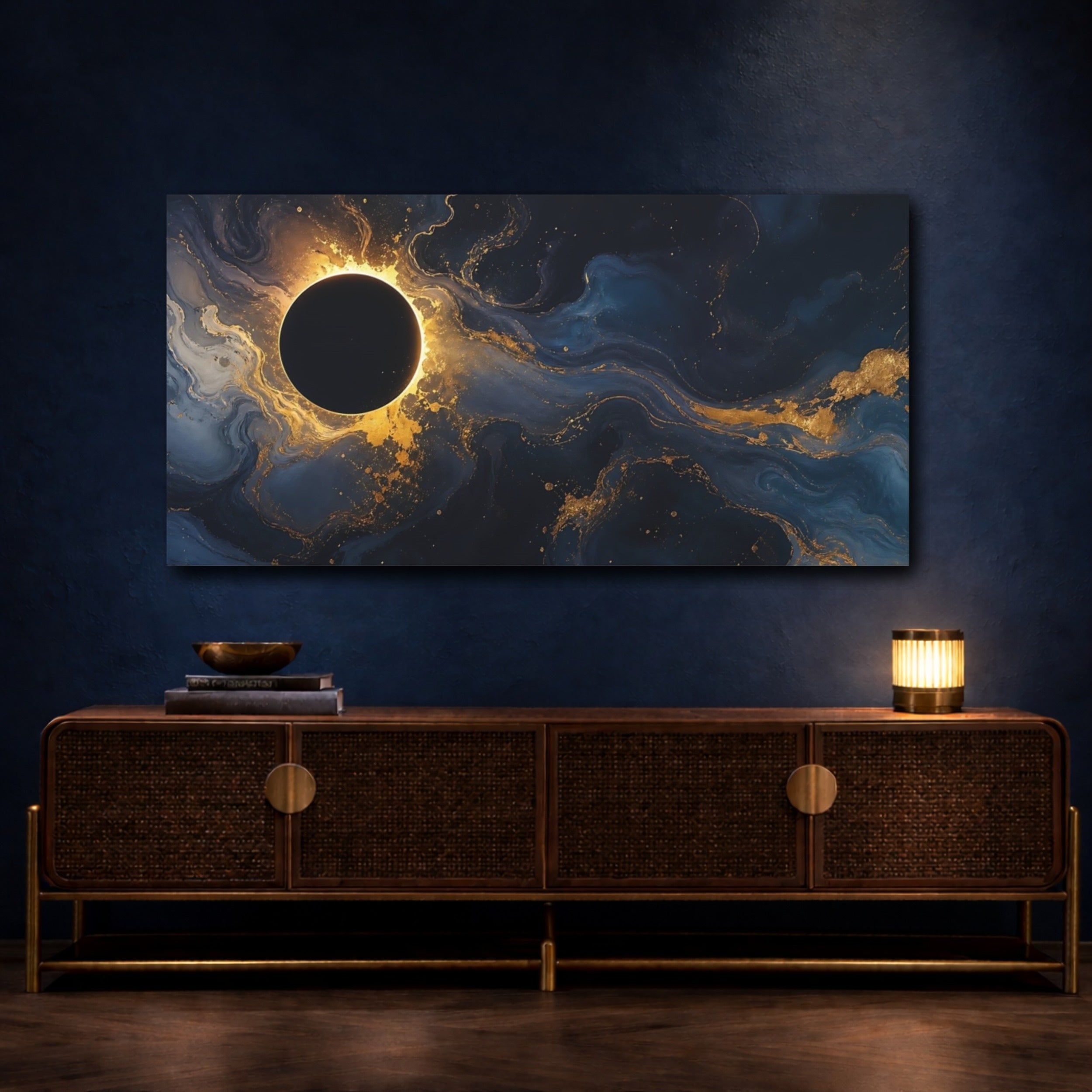 Mockup 4. Abstract Eclipse Blue And Gold shown as stretched canvas wall art