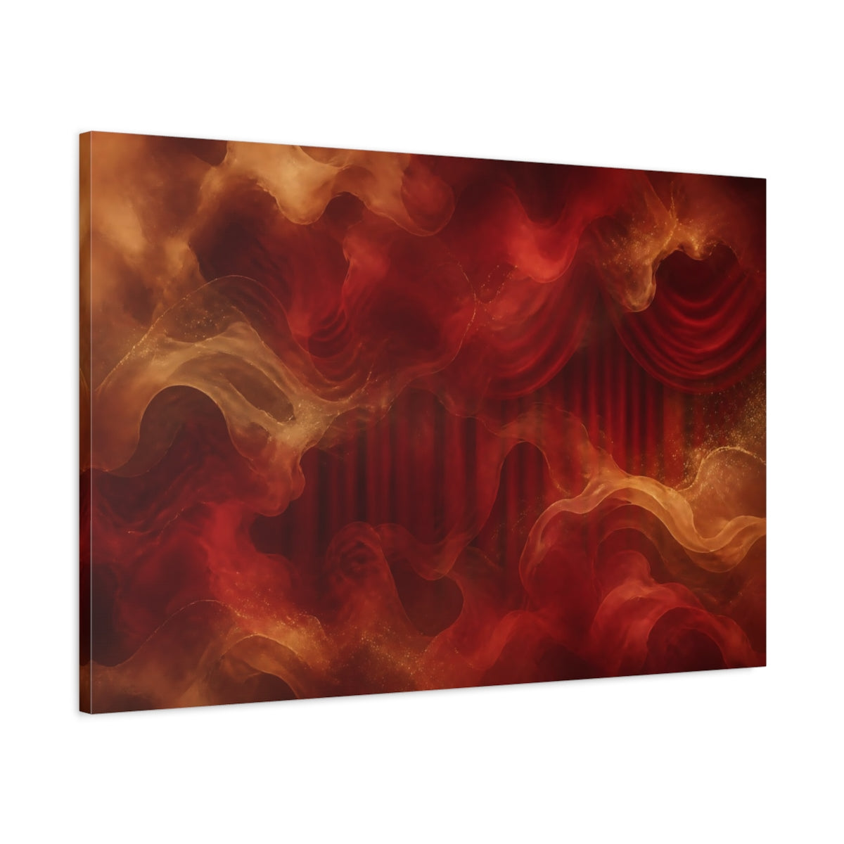 Main Mockup. Abstract Ethereal Drapes Red And Gold shown as stretched canvas wall art