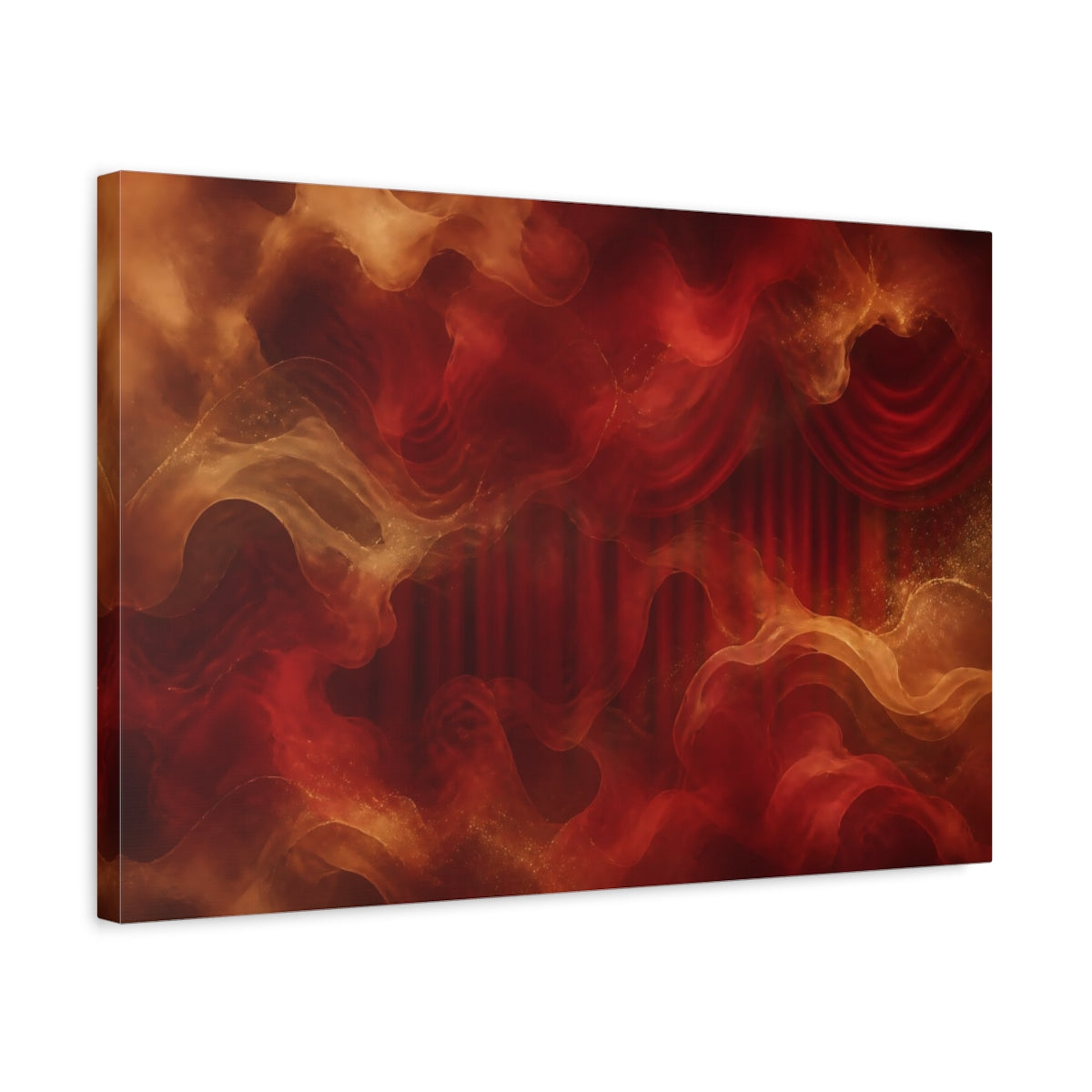 Side Mockup 3. Abstract Ethereal Drapes Red And Gold shown as stretched canvas wall art