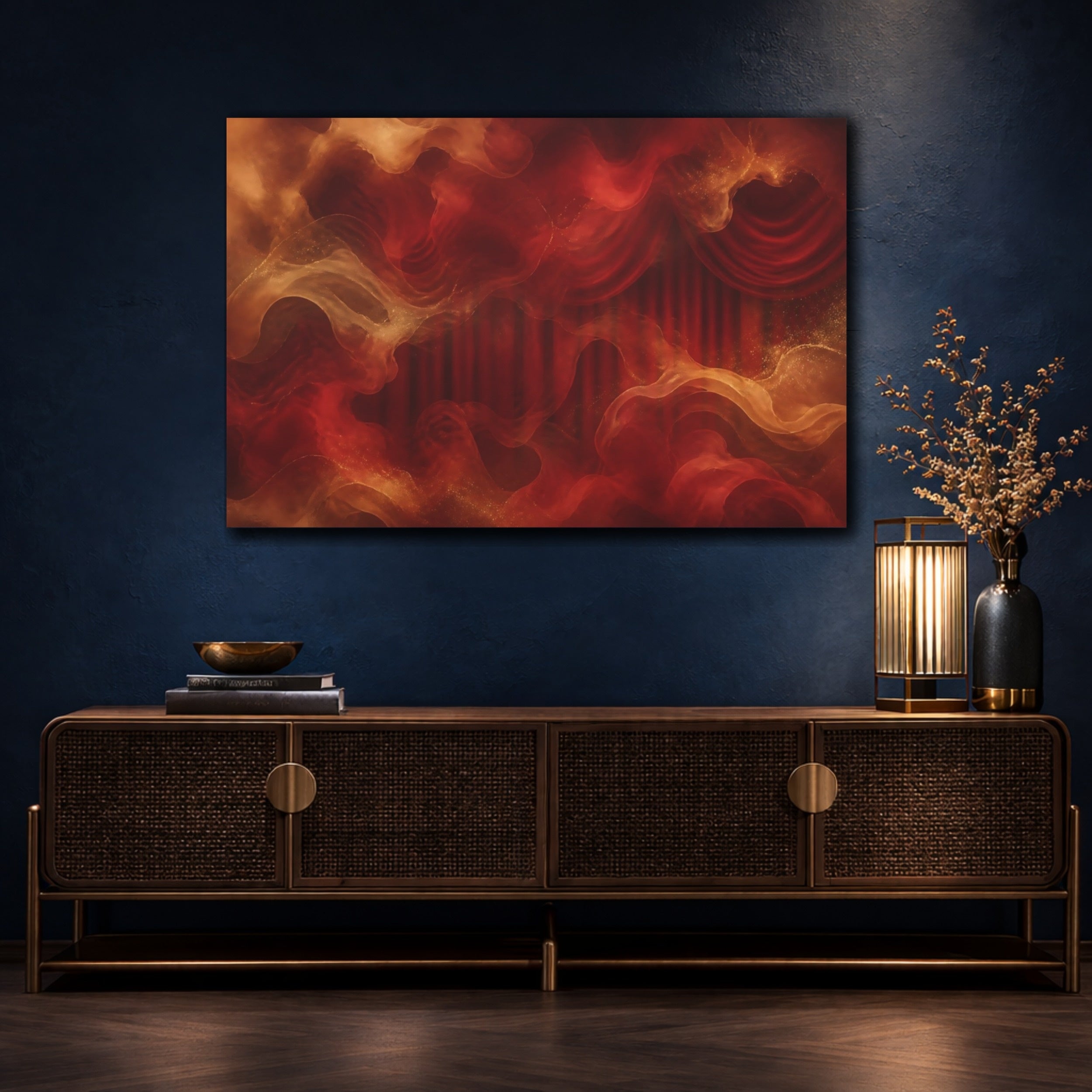 Mockup 4. Abstract Ethereal Drapes Red And Gold shown as stretched canvas wall art