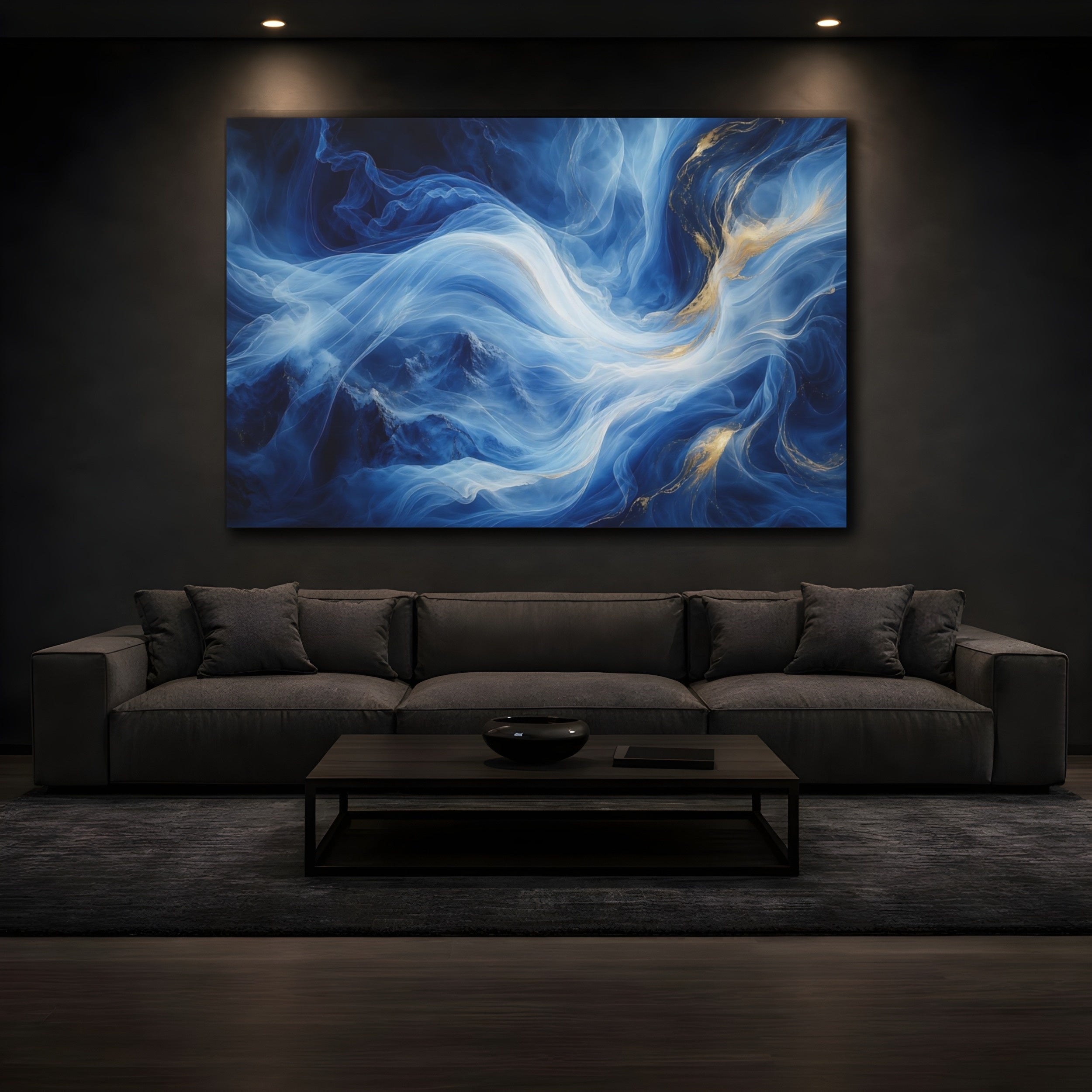 Mockup 3. Abstract Ethereal Swirls Blue Gold Abstract shown as stretched canvas wall art