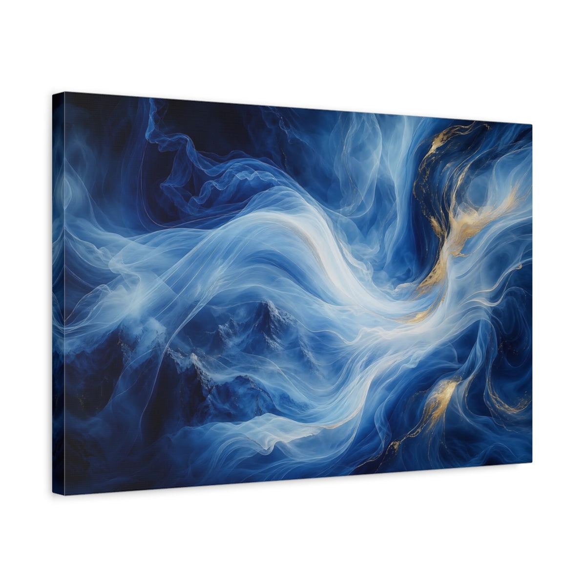 Side Mockup 3. Abstract Ethereal Swirls Blue Gold Abstract shown as stretched canvas wall art