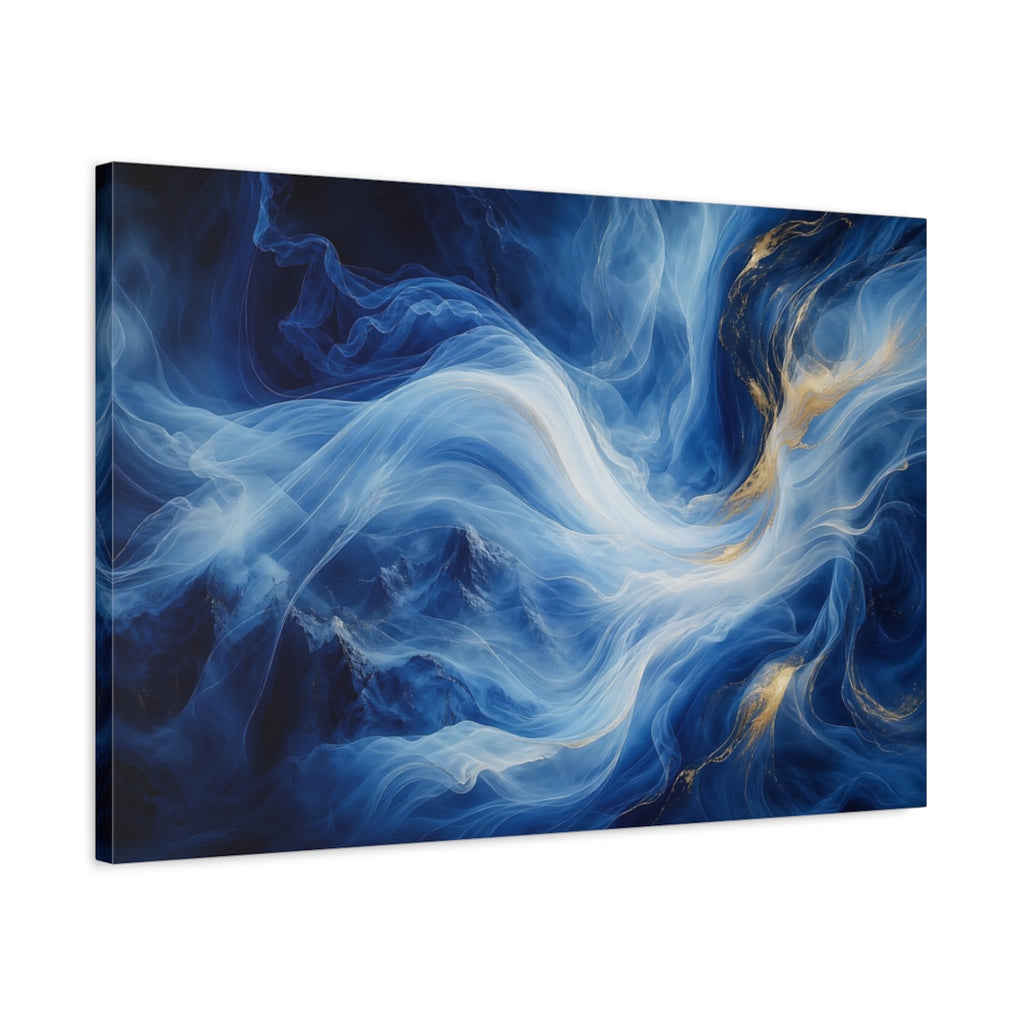 Side Mockup 2. Abstract Ethereal Swirls Blue Gold Abstract shown as stretched canvas wall art