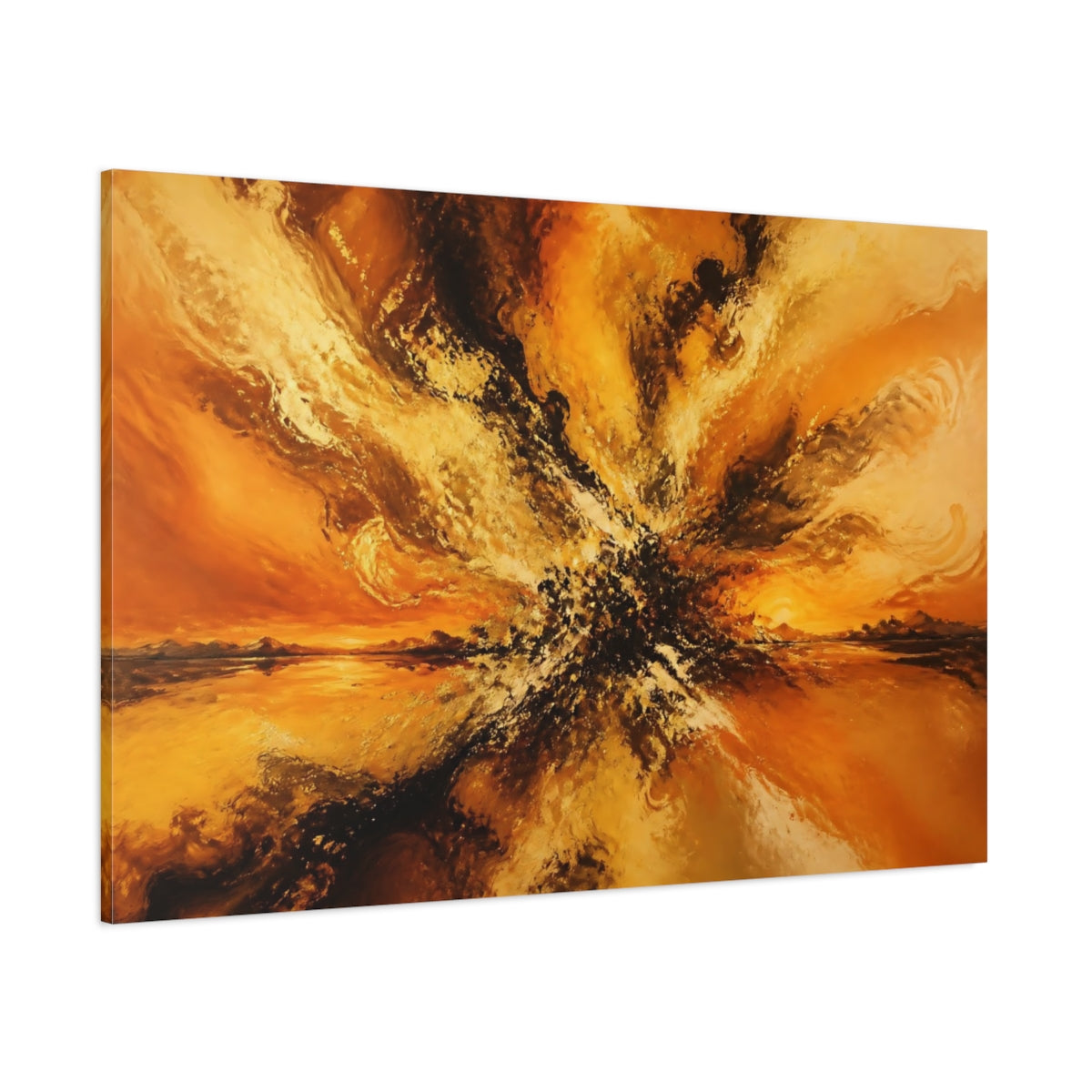 Side Mockup 1. Abstract Abstract Explosion Orange Gold Abstract shown as stretched canvas wall art