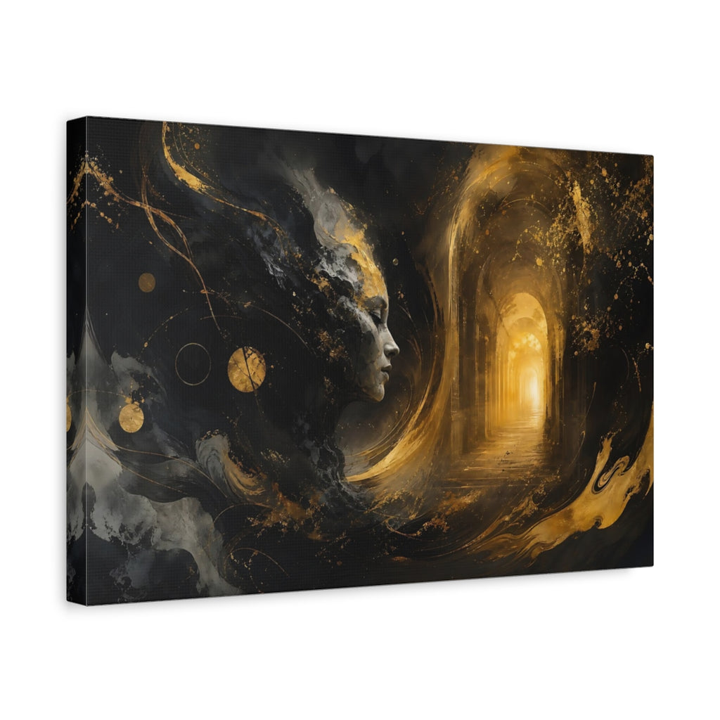 Side Mockup 4. Abstract Abstract Face Black And Gold shown as stretched canvas wall art