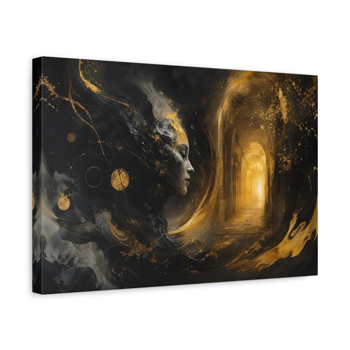 Side Mockup 4. Abstract Abstract Face Black And Gold shown as stretched canvas wall art
